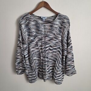 DKNY Space Dye Open Knit Sweater Brown Grey Cotton Blend 3/4 Sleeve Size L